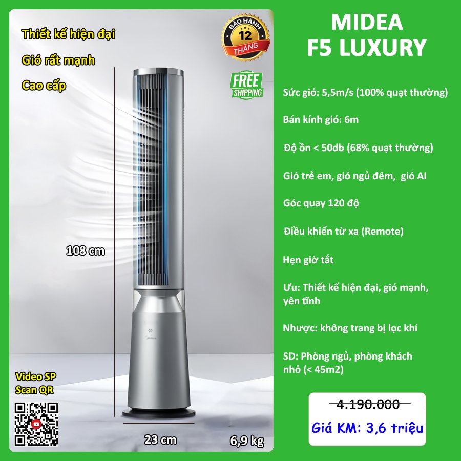 Quạt tháp Midea F5 Luxury - Màu Bạc